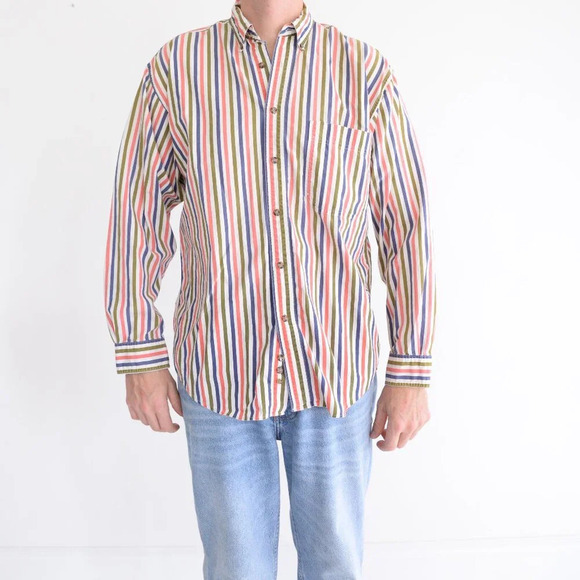 Vintage 90s Eddie Bauer  Blue Coral Stripe Button Down Dress Shirt 100% Cotton M - Picture 1 of 12